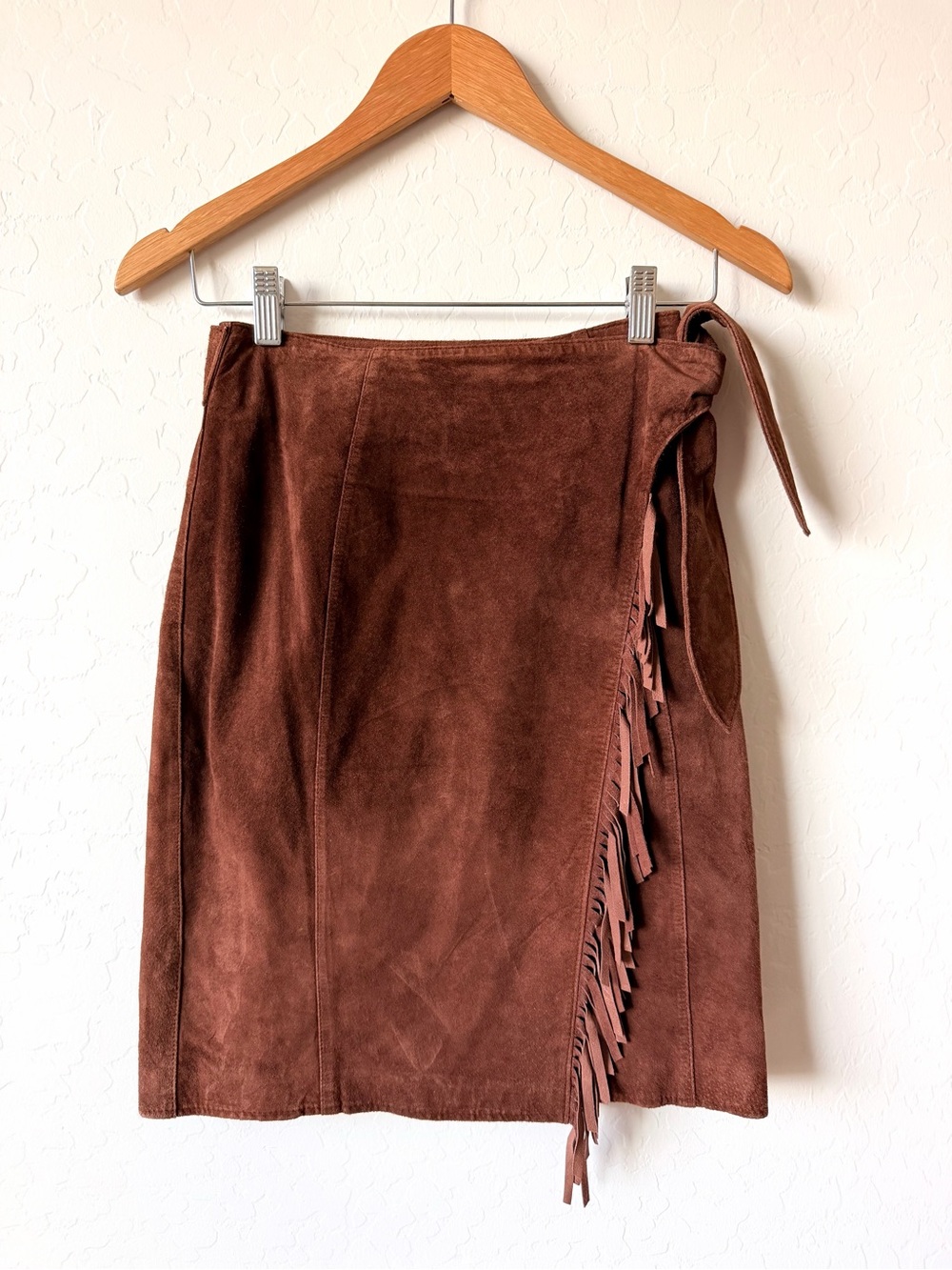 Cambridge Dry Goods Brown Suede Fringe Wrap Mini Skirt